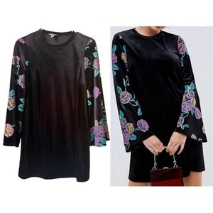 ASOS Women's Size 2 Black Velour Mini Dress Embroidered Floral Bell Sleeve EUC